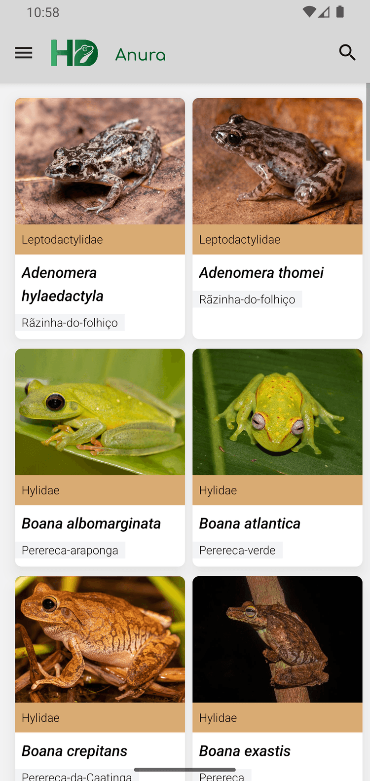 Captura de tela do aplicativo Herpetodex